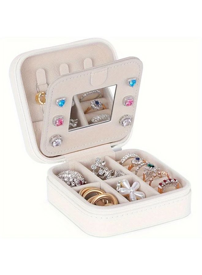 Beige Travel Jewelry Organizer With Mirror Waterproof Faux Leather Portable Jewelry Box - Image 4