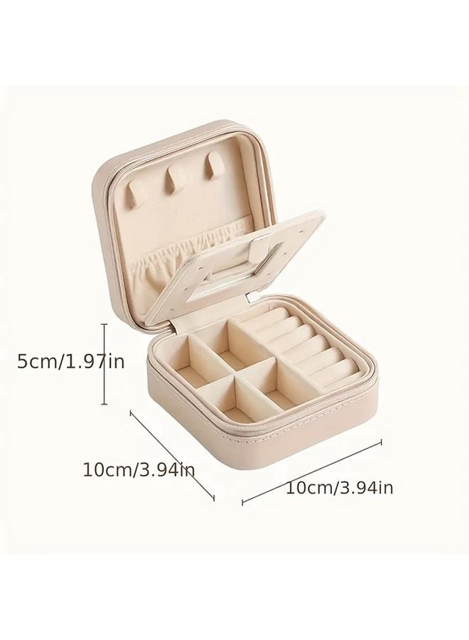Beige Travel Jewelry Organizer With Mirror Waterproof Faux Leather Portable Jewelry Box - Image 3