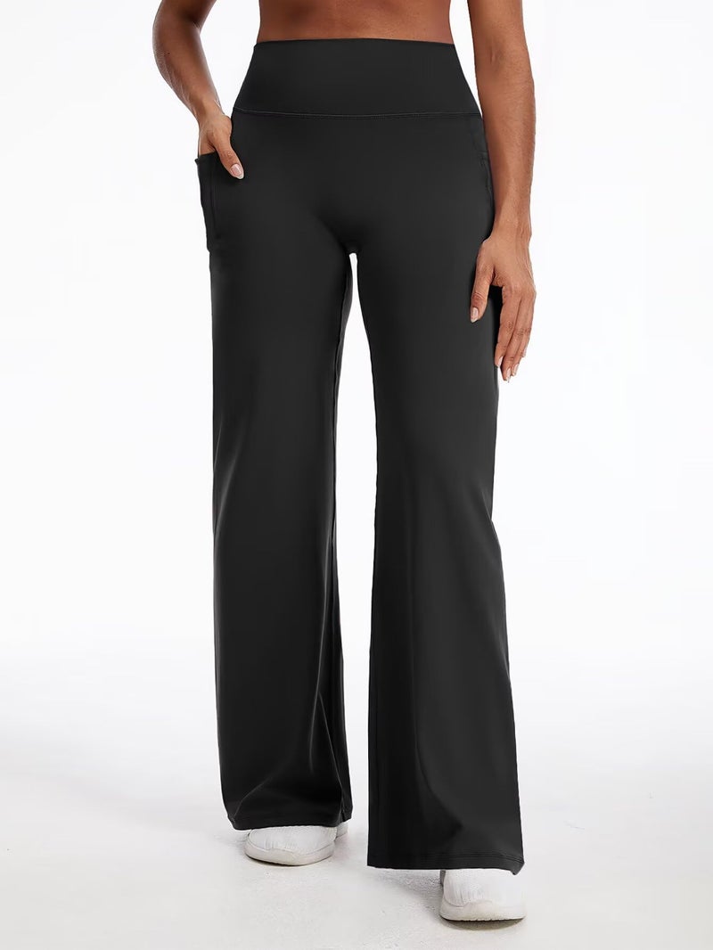 Flamingals Straight Leggings Wide Leg Yoga Pants with Pockets for Women High Waisted Hidden Scrunch Workout 31.5" Pants Black S - Image 2