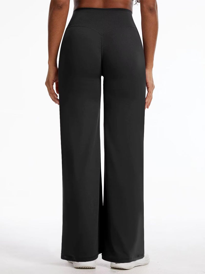 Flamingals Straight Leggings Wide Leg Yoga Pants with Pockets for Women High Waisted Hidden Scrunch Workout 31.5" Pants Black S - Image 4