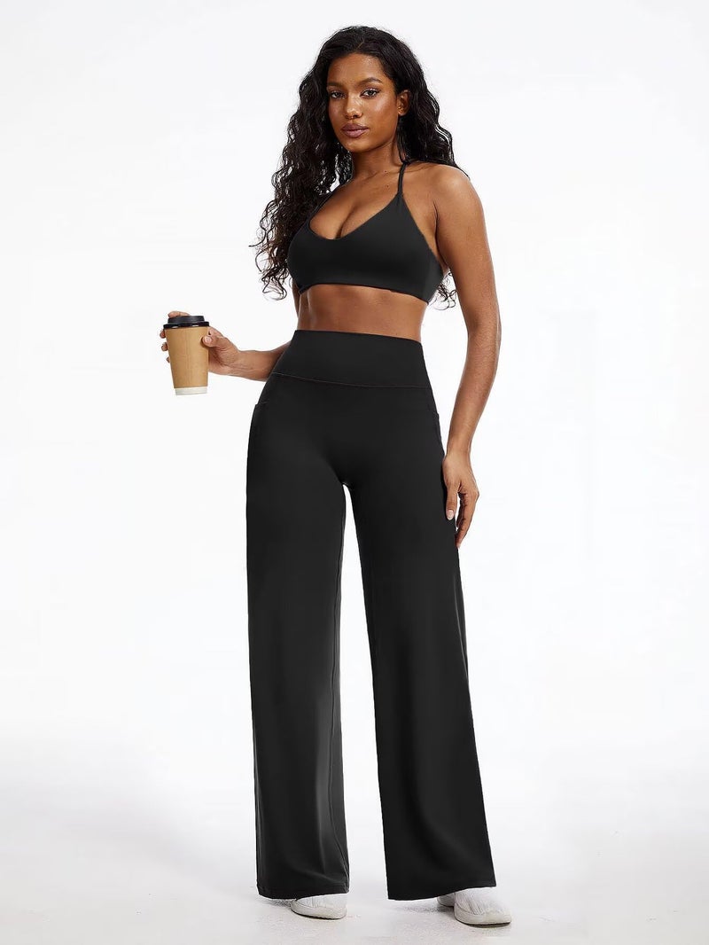 Flamingals Straight Leggings Wide Leg Yoga Pants with Pockets for Women High Waisted Hidden Scrunch Workout 31.5" Pants Black S - Image 5