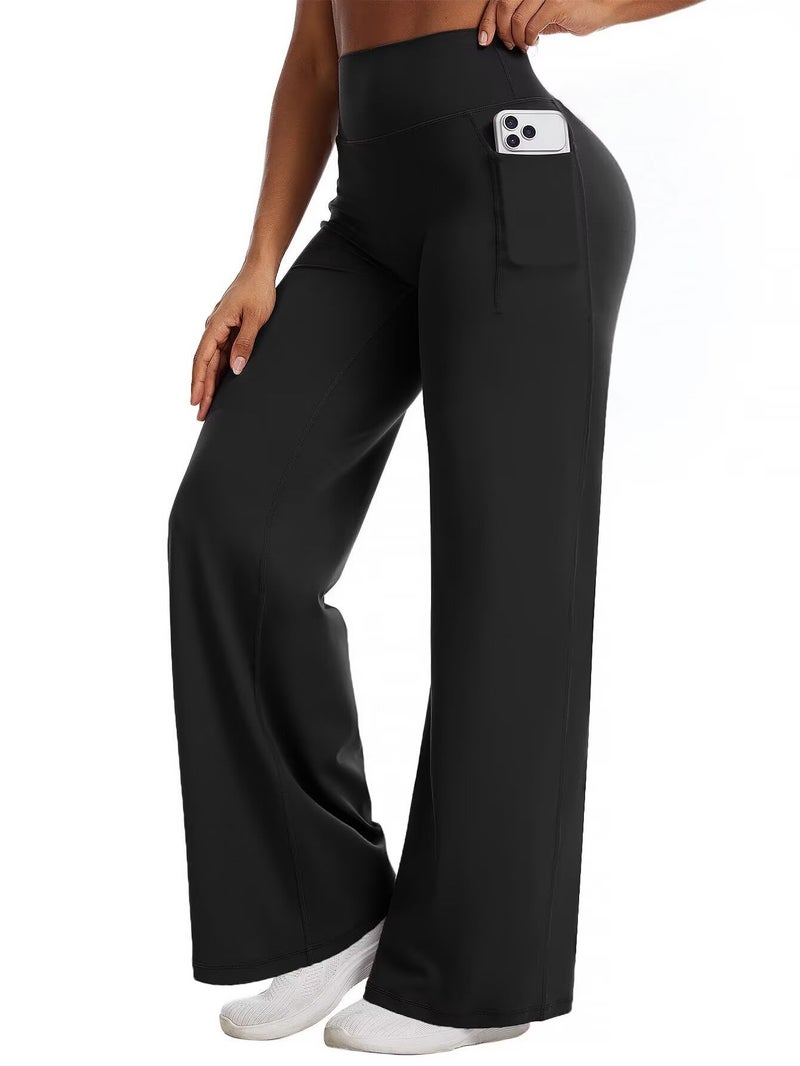 Flamingals Straight Leggings Wide Leg Yoga Pants with Pockets for Women High Waisted Hidden Scrunch Workout 31.5" Pants Black S - Image 1