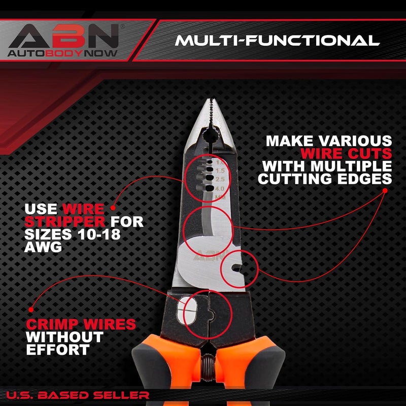 ABN Needle Nose Pliers Set 8Inch 1pk Ergonomic MultiUse Wire Stripper Wire Crimper Cutter Stripper Tool 1018 AWG - Image 4