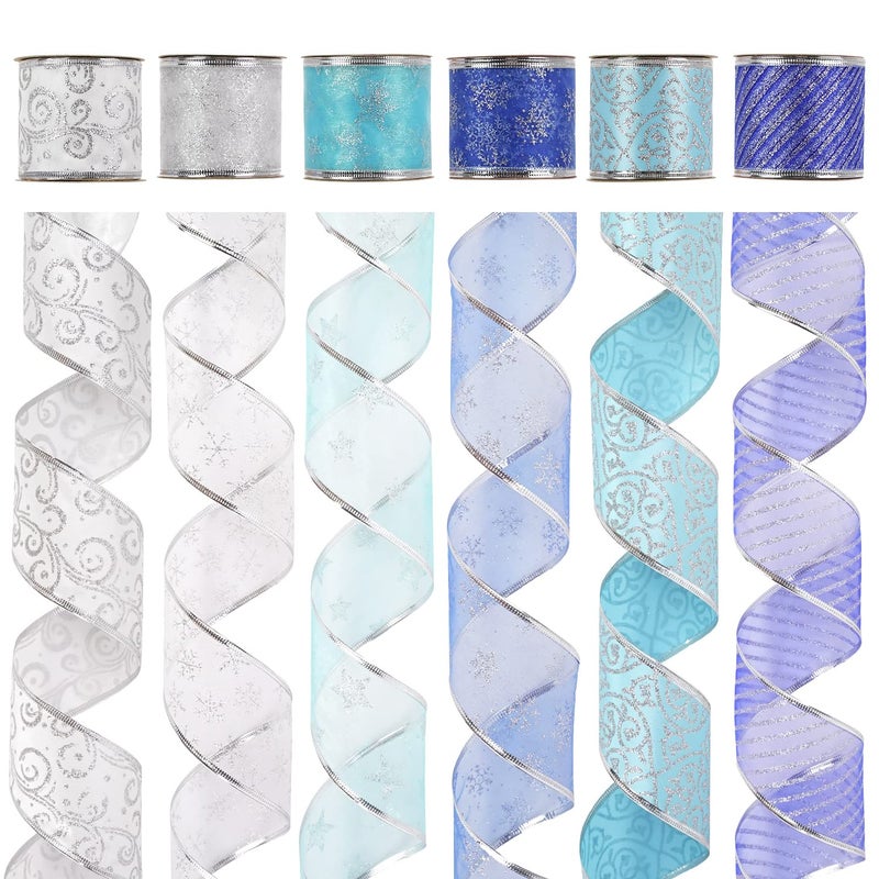 AIMUDI Blue Christmas Ribbon Wired 25 Blue and Silver Tree Garland  6 Rolls 36 Yards Turquoise Blue and White for Tree Topper Bows Crafts Gift Wrapping Wreaths