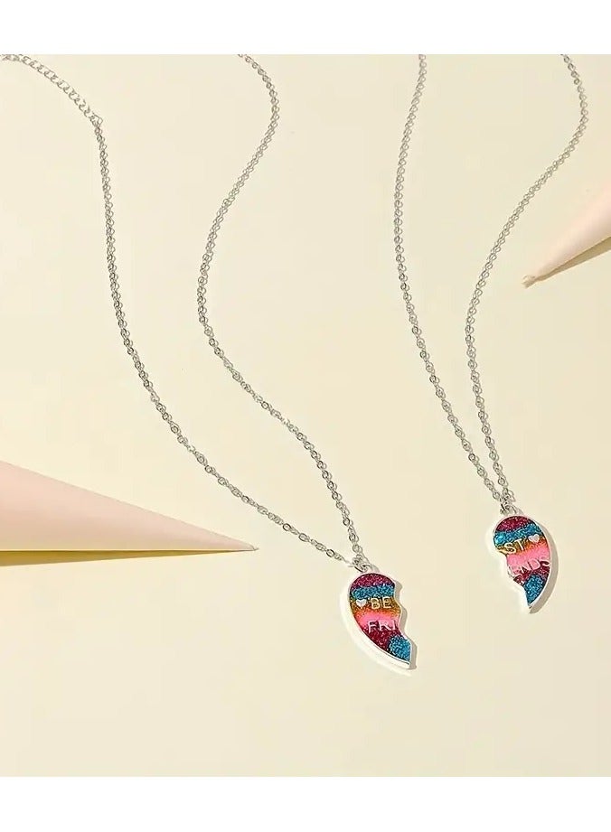 Goolsky 2pcs/set Girls Rainbow Color Glitter Heart Shaped Pendant Necklace, Party Accessories Best Friends Birthday Gift, BFF Matching Pendant - Image 3