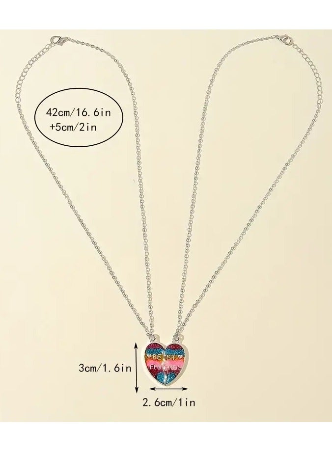 Goolsky 2pcs/set Girls Rainbow Color Glitter Heart Shaped Pendant Necklace, Party Accessories Best Friends Birthday Gift, BFF Matching Pendant - Image 2