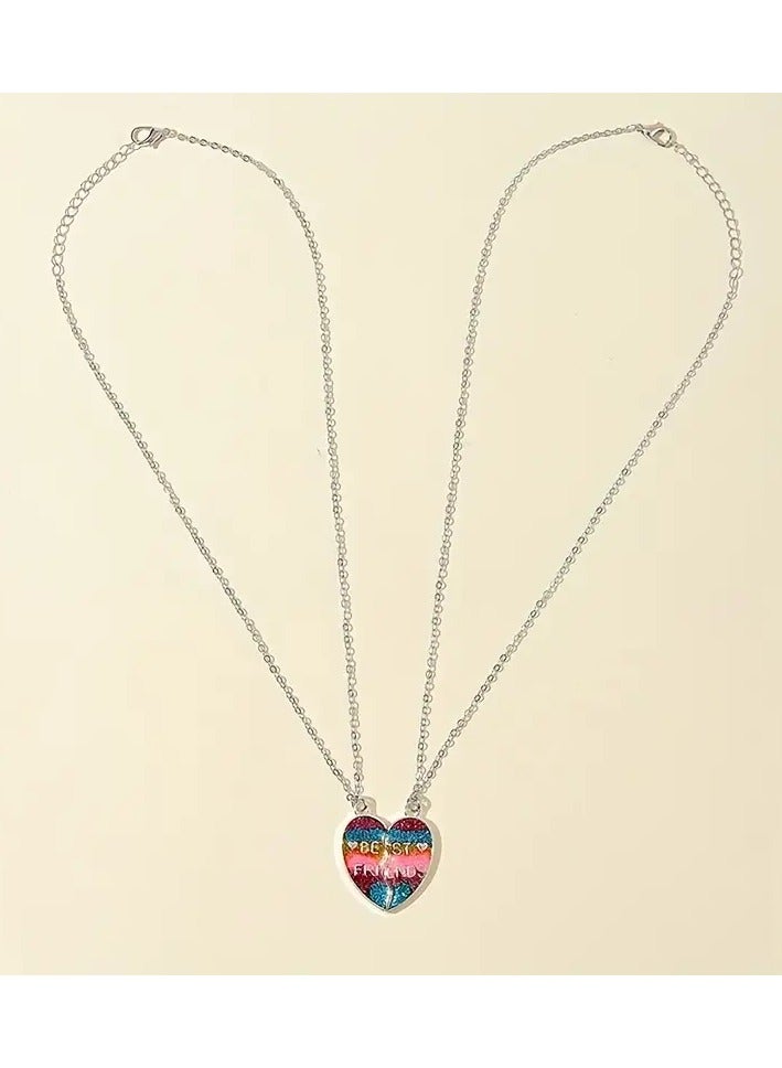 Goolsky 2pcs/set Girls Rainbow Color Glitter Heart Shaped Pendant Necklace, Party Accessories Best Friends Birthday Gift, BFF Matching Pendant - Image 4