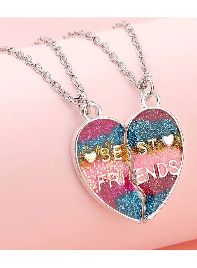 Goolsky 2pcs/set Girls Rainbow Color Glitter Heart Shaped Pendant Necklace, Party Accessories Best Friends Birthday Gift, BFF Matching Pendant - Image 5
