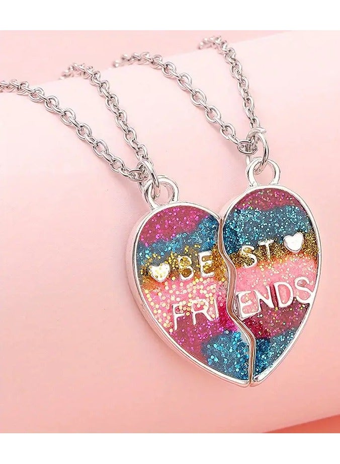 Goolsky 2pcs/set Girls Rainbow Color Glitter Heart Shaped Pendant Necklace, Party Accessories Best Friends Birthday Gift, BFF Matching Pendant - Image 1