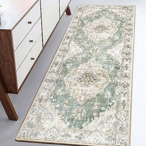MUJOO Hallway Runner Rug Machine Washable Non Slip Boho Green Runner for Hallways Entryway Kitchen Bathroom Bedside Retro Soft LowPile 2x6 Blossom