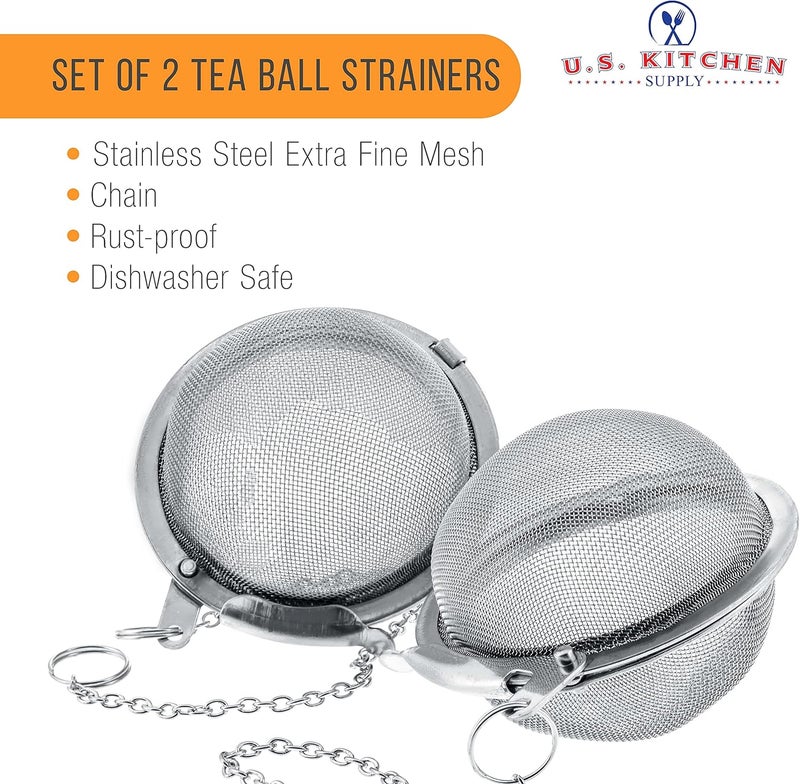 U.S. Kitchen Supply 2 مصفاة شاي كروية من الفولاذ المقاوم للصدأ - بحجم 2.1" مع شبكة دقيقة إضافية - لنقع الشاي السائب، الأعشاب، التوابل والتتبيلات - إبريق شاي، كوب شاي وقهوة - Image 2