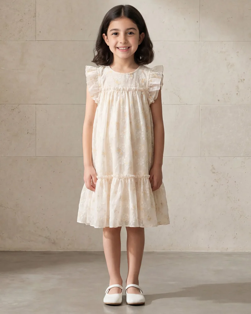 Redtag Girls Beige Embroidered Mesh Tiered Dress