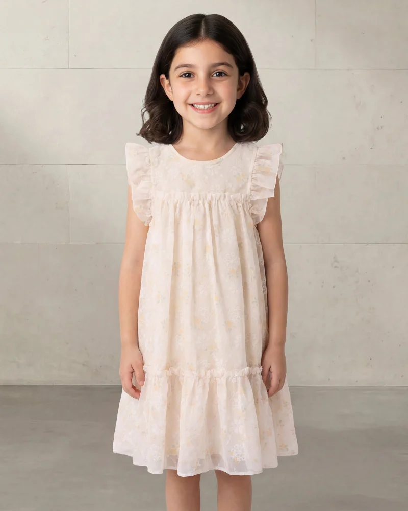 Redtag Girls Beige Embroidered Mesh Tiered Dress