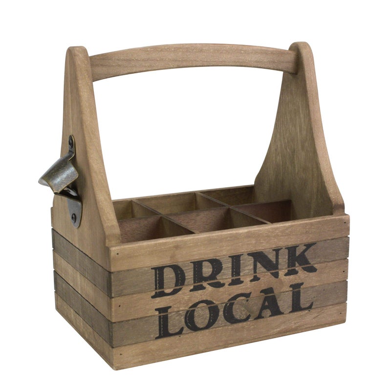Stonebriar Stonebriar Wooden Drink Local Beer Caddy with Handle and Metal Bottle Opener Large Brown