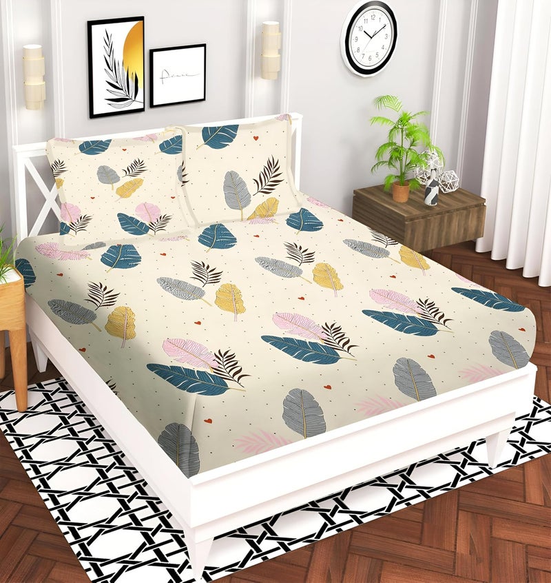 IVAZA IVAZA Floral Print 144 TC Ezyption Cotton Double Bedsheet with 2 Pillow CoversBreathable Wrinkle Free and Soft Touch Leaf Cream  - Image 1