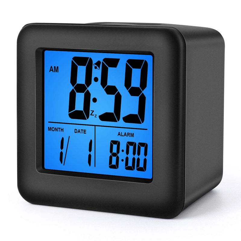 Plumeet Digital Alarm Clock Kids Alarm Clock with Snooze and Nightlight  Easy Setting Silicone Clock Display Time Date  Loud Alarm Clock for Bedroom  Battery Powered Black