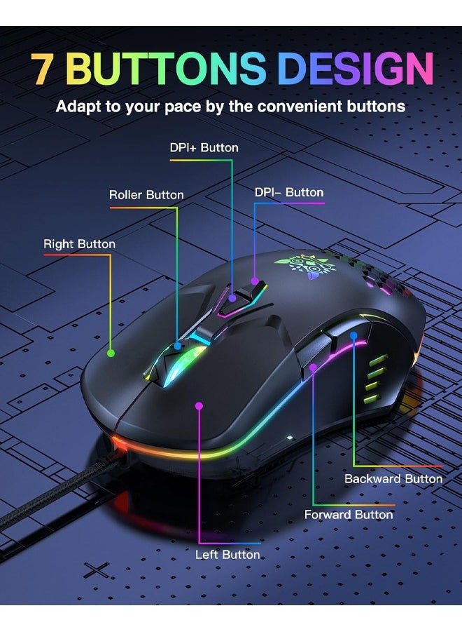 onikuma - Gaming Mouse, Wired PC Entry Level Mice with RGB Backlit and Adjustable DPI, Ergonomic Office Laptop Mouse, Computer Gamer Mouse with 7 Responsive Buttons for Windows/Mac/Linux/Chrome - Image 1