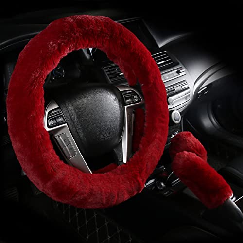 Cxtiy Car Steering Wheel Cover with Handbrake Cover Gear Shift Cover Cxtiy Fashion Steering Wheel Wrap Fluffy Soft and Warm in Winter Diameter 1496 X 1496 3 Pcs 1 Set Fit Most of Car Wine - Image 1