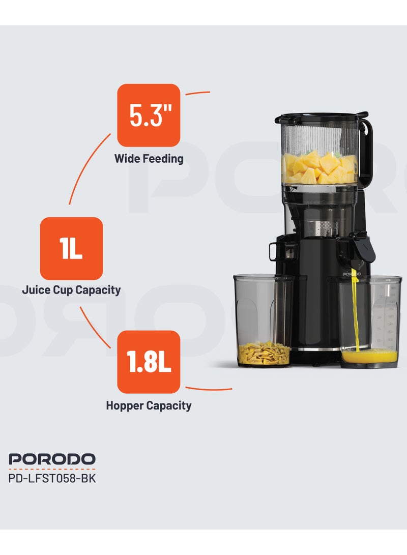 porodo Juice Extractor 1.8L Cold Press Slow Juicer 250W / Efficient Juice Extraction / Easy to Clean / 5.3" Wide Feeding / Low Noise Juicer - Black - Image 2