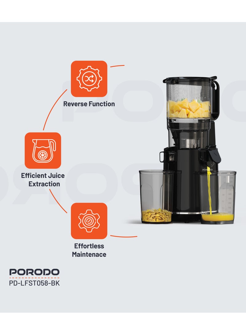 porodo Juice Extractor 1.8L Cold Press Slow Juicer 250W / Efficient Juice Extraction / Easy to Clean / 5.3" Wide Feeding / Low Noise Juicer - Black - Image 3