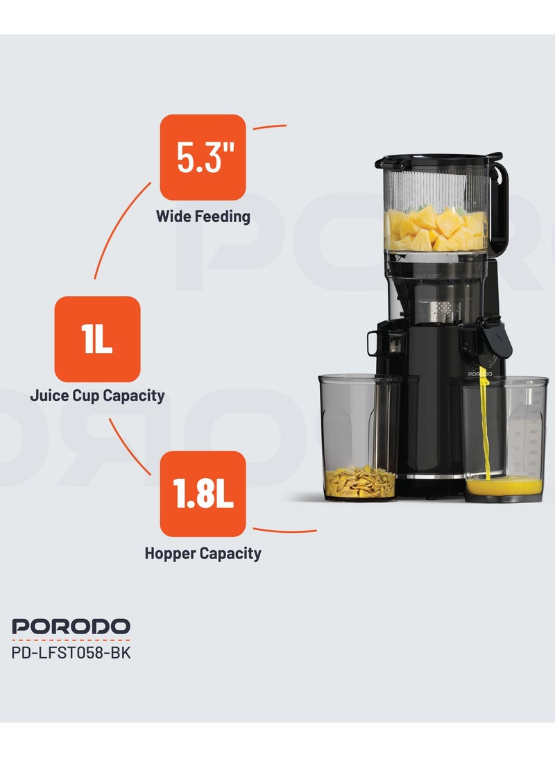 porodo Juice Extractor 1.8L Cold Press Slow Juicer 250W / Efficient Juice Extraction / Easy to Clean / 5.3" Wide Feeding / Low Noise Juicer - Black - Image 2