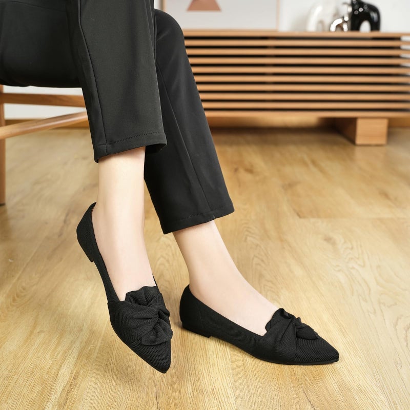 HIULYCENCE Women's Flats Shoes Pointed Toe Ballet Flats with Bow Comfortable Knit Dressy Flats Black US10 - Image 3