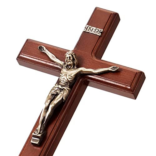 ARCHOBAN Crucifix Wall Cross Catholic, 12 Inch Wooden Cross with Jesus Christ for Home Decor - Brown + Antique Brass - Image 1