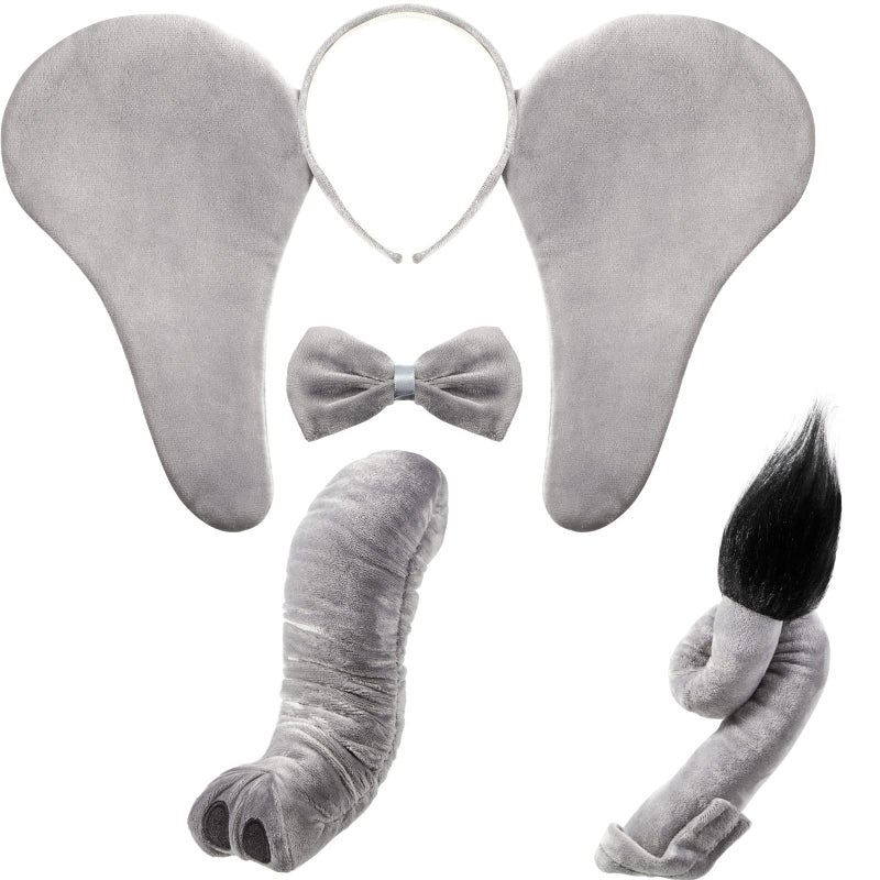 Harrycle 4 Pieces Kids Elephant Costume Accessories Set Grey Elephant Headband Elephant Ears Nose Tail and Bow Tie for Children Adult Halloween Dress up Costume Parties - Image 1