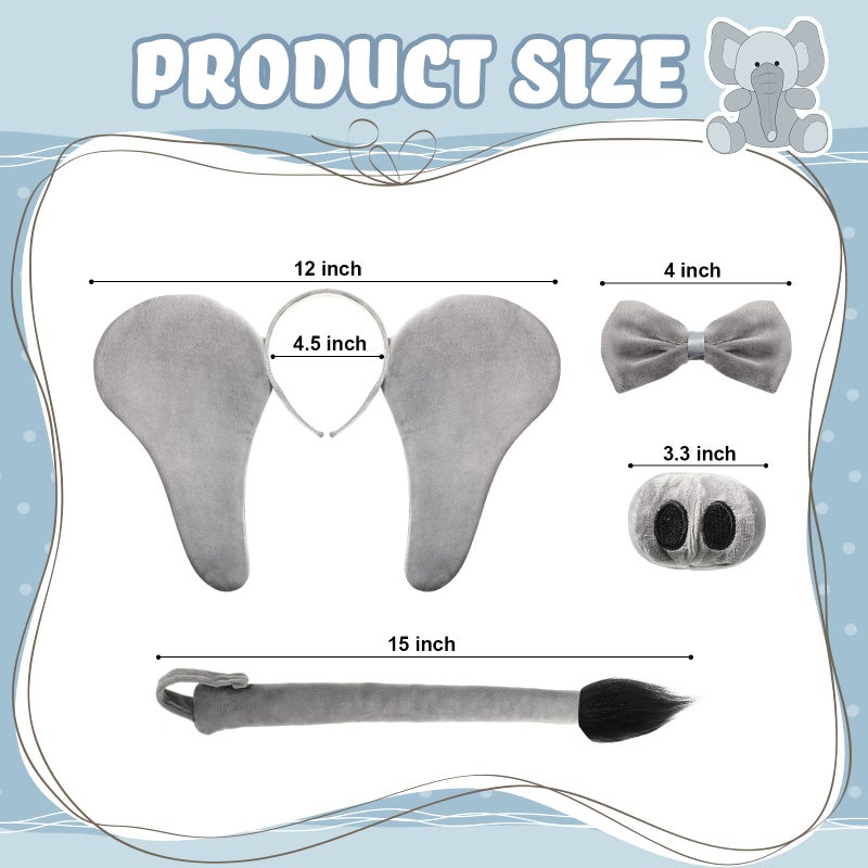Harrycle 4 Pieces Kids Elephant Costume Accessories Set Grey Elephant Headband Elephant Ears Nose Tail and Bow Tie for Children Adult Halloween Dress up Costume Parties - Image 2