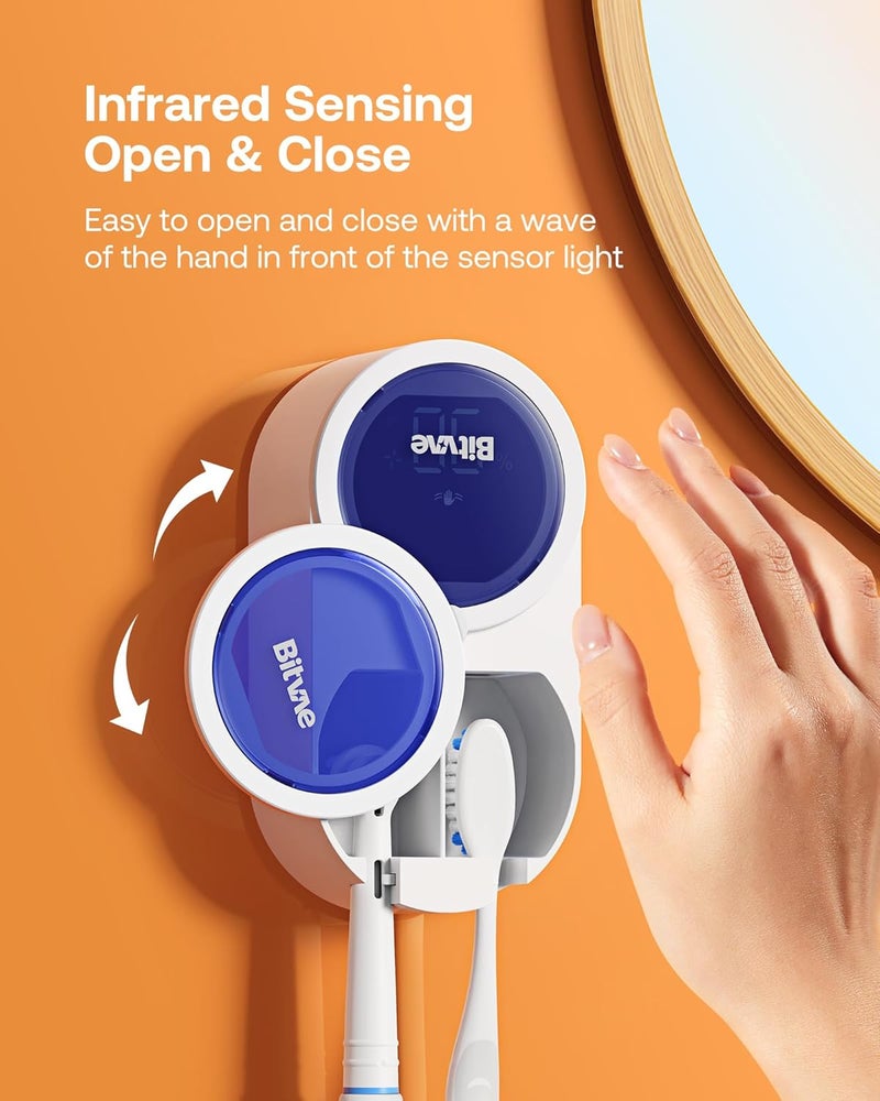 بيتفي منظف فرشاة الأسنان Bitvae، تنظيف بالأشعة فوق البنفسجية وتجفيف بالهواء، شاشة ذكية LED، حامل فرشاة أسنان قابل للشحن مثبت على الحائط، أبيض - Image 4