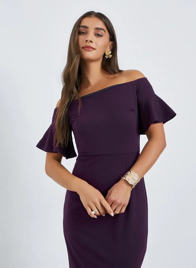 Styli Purple Off-Shoulder Sheath Maxi Evening Dress