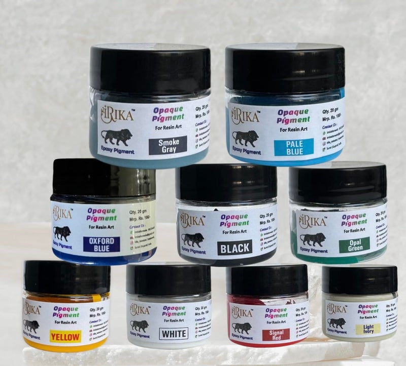 IRIKA Opaque pigment For Resin Art and Craft Pack Of 9 shades (light Ivory - Smoke Gray - oxford Blue - white | Black | Pale Blue | yellow | Signal Red |Opal Green | Qty 20 Gm) - Image 2