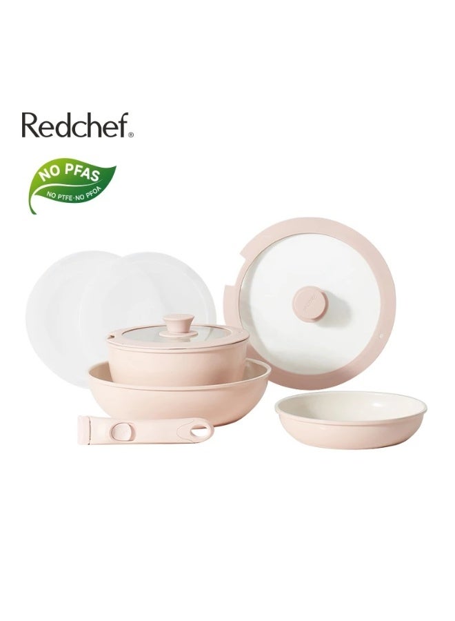 Redchef Nonstick Ceramic Rock Cookware Set Handle Removable (8Pcs) Non Toxic, PFAS& PTFE& PFOA Free Suitable for All Stoves(Gas, Electric & Induction)  (Pink) - Image 1
