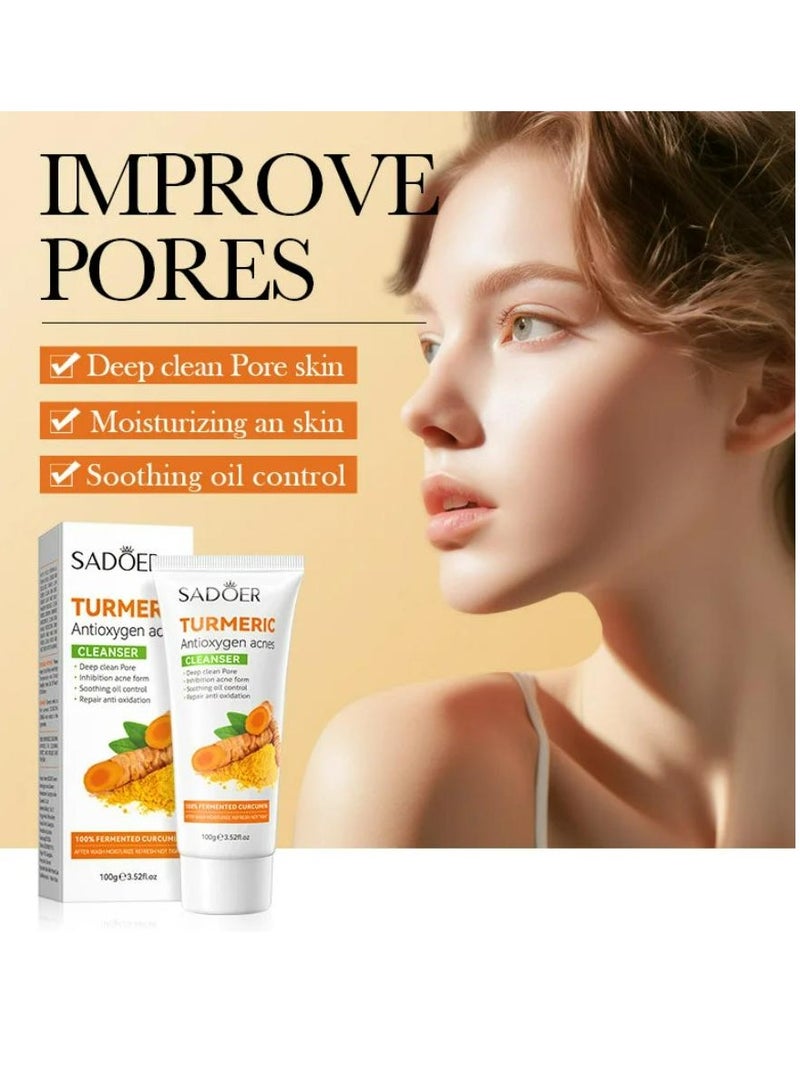SADOER Turmeric Face Wash Cleanser Moisturize Whitening Oil Control Beauty Cleanser Removal Acne Foam Facial Cleanser Skin Care 100 g  - Image 2