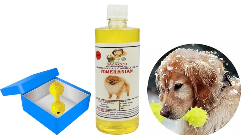 swacch Pomeranian Dog Shampoo + Dumbbell Toy I Durable Rubber Dog Toy for Chewing I Playing,Teeth Cleaning & Training Toy I Combo Pack I 500ml Lemon - Image 1