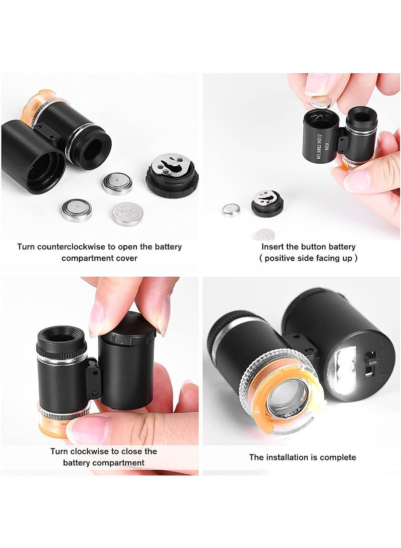 Magnifier, 2 Pieces 60X Mini Pocket Microscope, Jewelers Eye Loupe with 3 Light, Portable Magnifying Glass for Handcrafts Jewelry Diamond Gem Coins Currency - Image 3