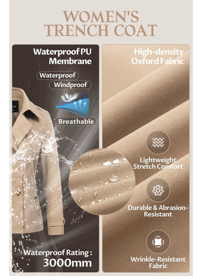 CREATMO US Women's Cropped Trench Coat Classic Double Breasted Lapel Jacket Water Repellent Outerwear, Khaki, L - Image 5