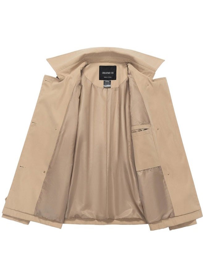 CREATMO US Women's Cropped Trench Coat Classic Double Breasted Lapel Jacket Water Repellent Outerwear, Khaki, L - Image 3