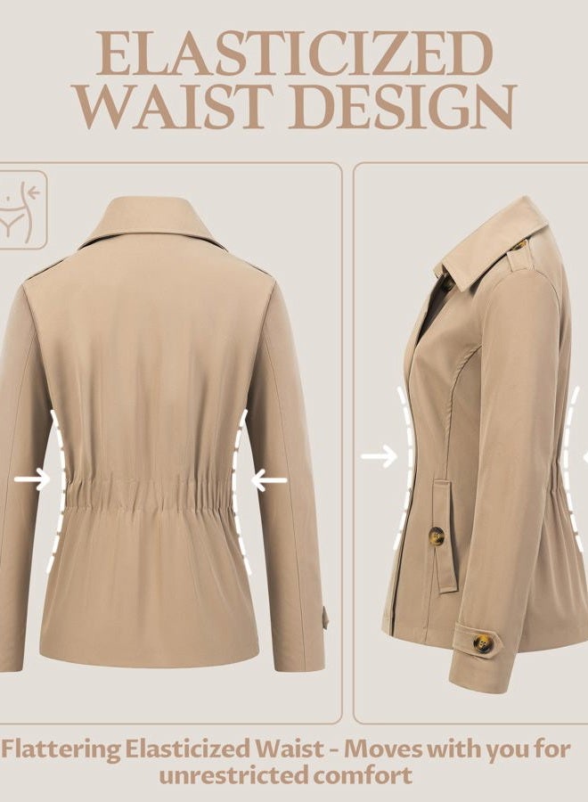 CREATMO US Women's Cropped Trench Coat Classic Double Breasted Lapel Jacket Water Repellent Outerwear, Khaki, L - Image 4