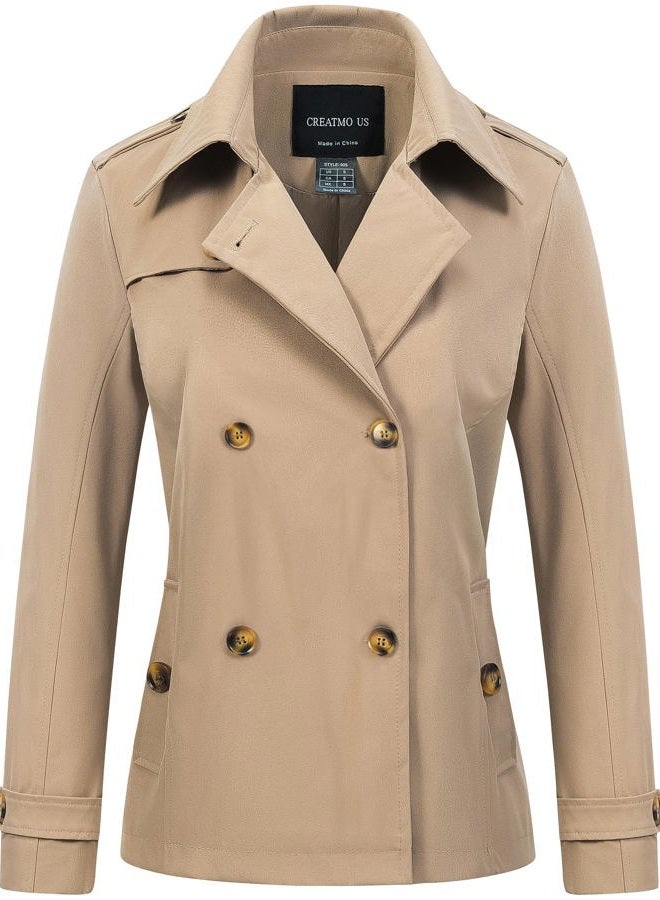 CREATMO US Women's Cropped Trench Coat Classic Double Breasted Lapel Jacket Water Repellent Outerwear, Khaki, L - Image 1