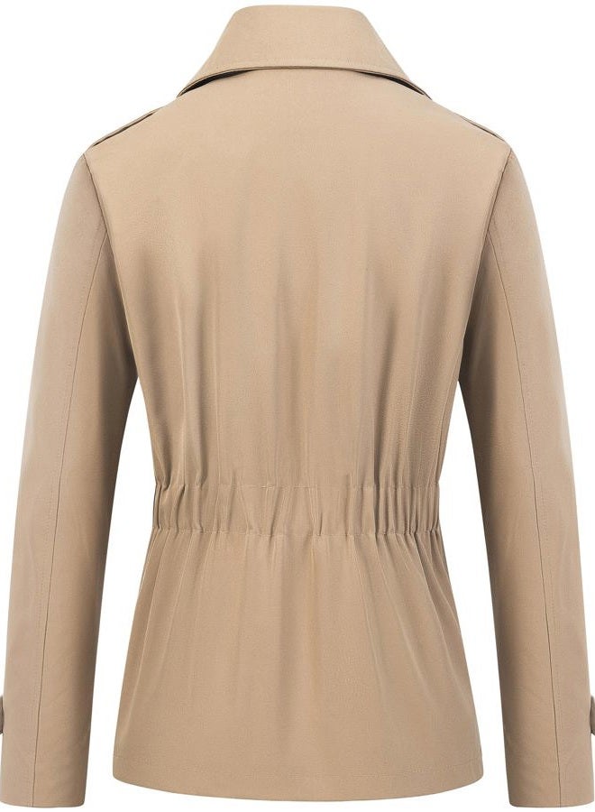 CREATMO US Women's Cropped Trench Coat Classic Double Breasted Lapel Jacket Water Repellent Outerwear, Khaki, L - Image 2