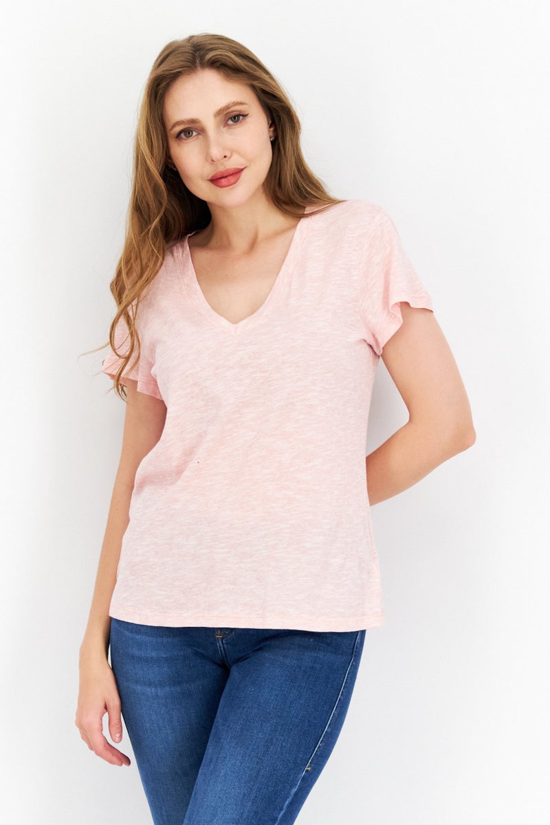 Splendid Women V Neck Short Sleeve Textured T-Shirt, Pink - Image 1