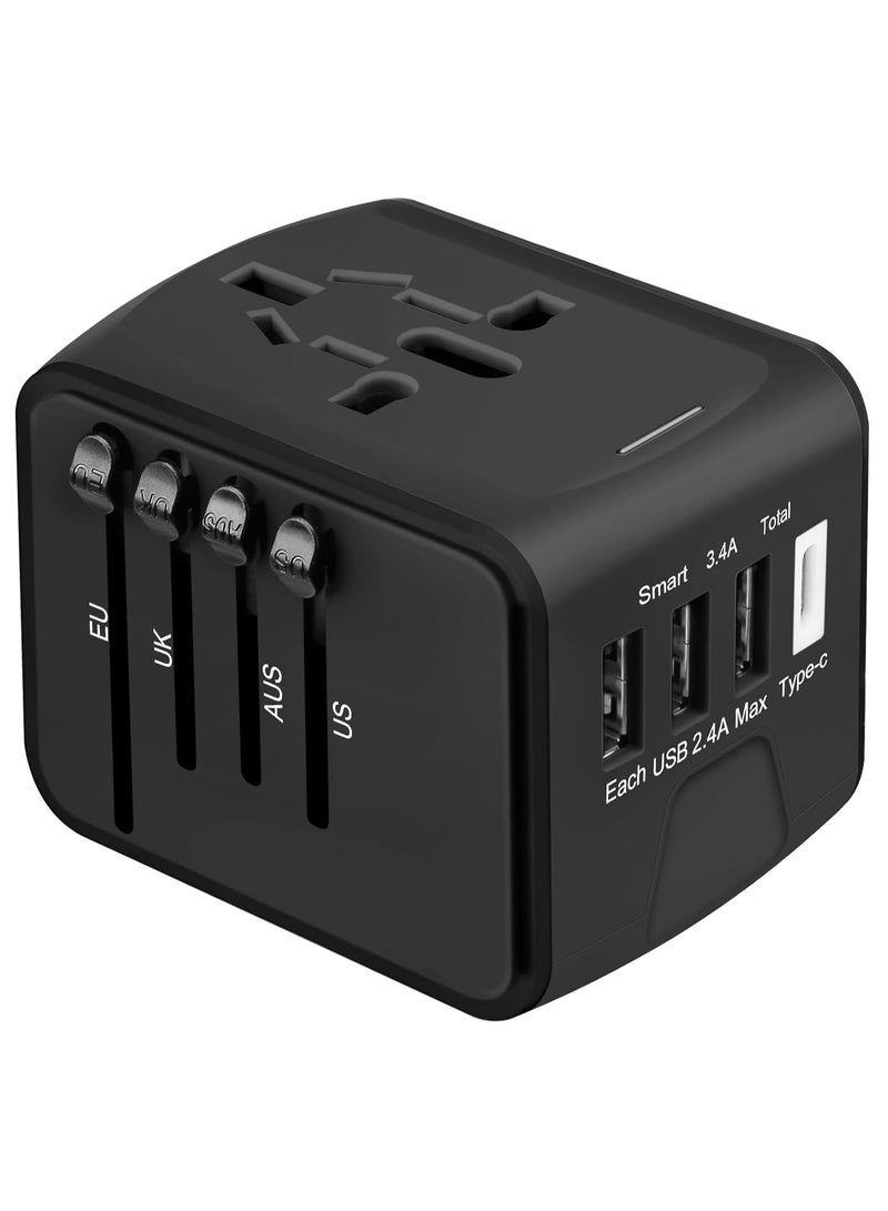 Excefore محول طاقة للسفر الدولي، شاحن حائطي متعدد الاستخدامات بسرعة عالية 2.4 أمبير 3 منافذ USB، 3.0 أمبير من النوع C، محول أوروبي، مقابس تيار متردد عالمية للمملكة المتحدة وكندا والاتحاد الأوروبي وأستراليا وآسيا  - Image 1