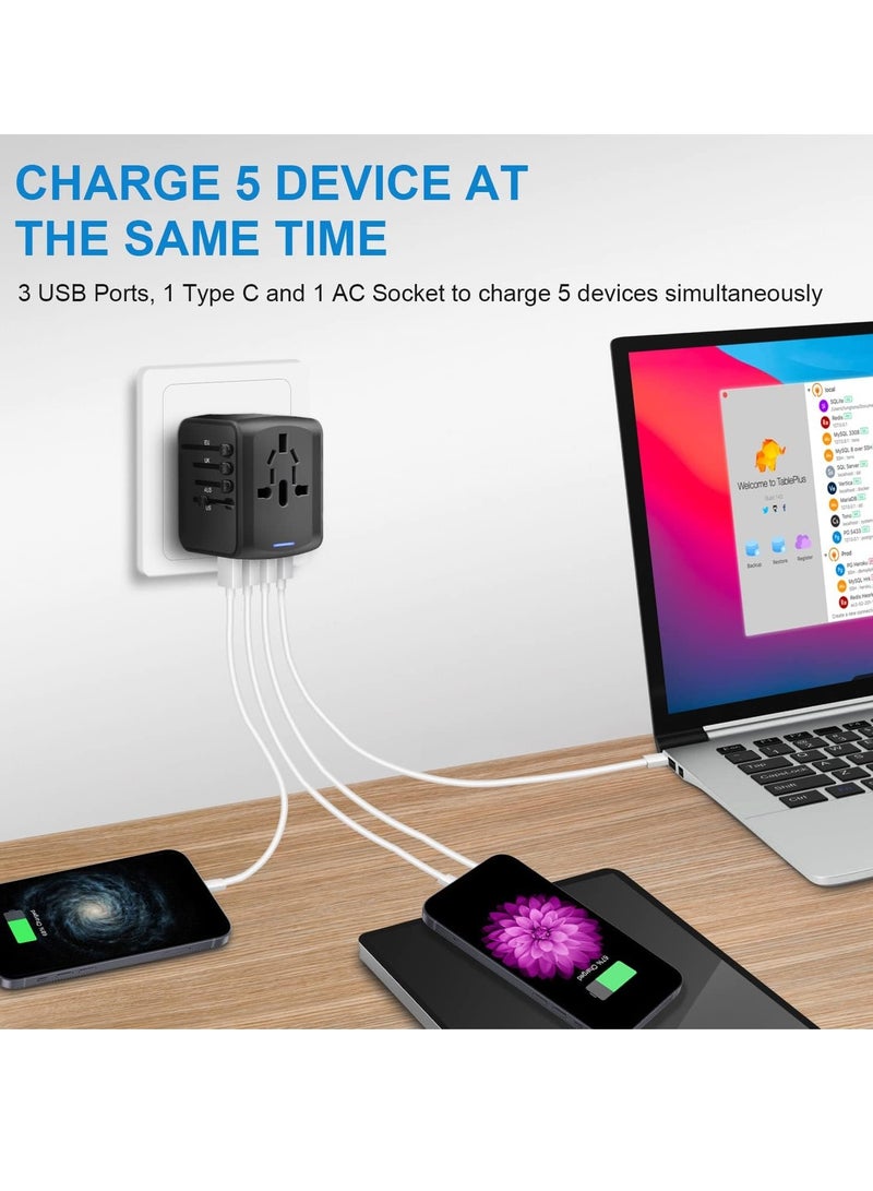 Excefore محول طاقة للسفر الدولي، شاحن حائطي متعدد الاستخدامات بسرعة عالية 2.4 أمبير 3 منافذ USB، 3.0 أمبير من النوع C، محول أوروبي، مقابس تيار متردد عالمية للمملكة المتحدة وكندا والاتحاد الأوروبي وأستراليا وآسيا  - Image 2