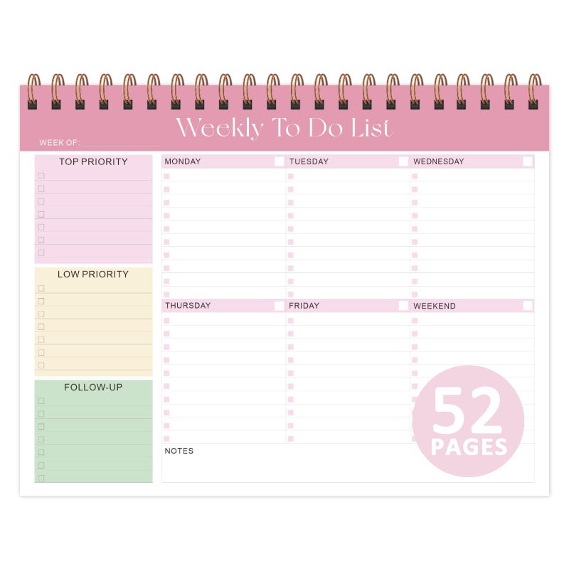VALOME Weekly To Do List Notepad, Undated Planner with 52 Sheets (8.5''x11''), Desk Weekly Planner for Women & Man, Home School & Work (Pink) - Image 1