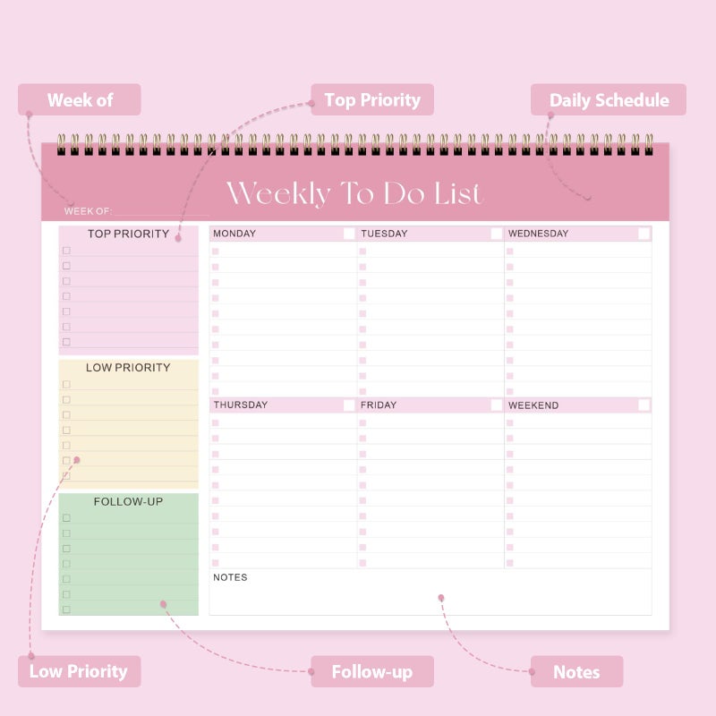 VALOME Weekly To Do List Notepad, Undated Planner with 52 Sheets (8.5''x11''), Desk Weekly Planner for Women & Man, Home School & Work (Pink) - Image 2
