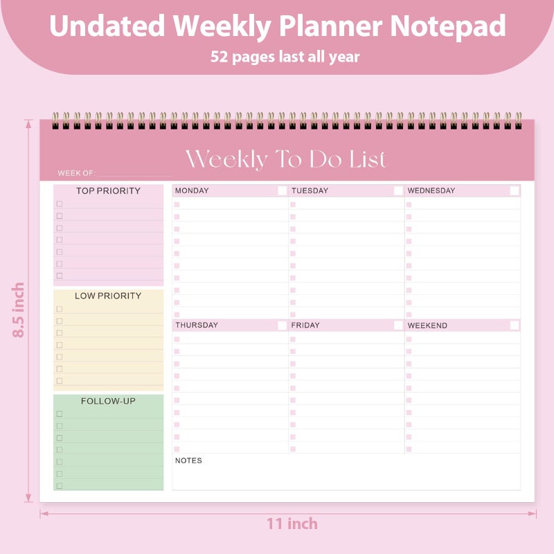 VALOME Weekly To Do List Notepad, Undated Planner with 52 Sheets (8.5''x11''), Desk Weekly Planner for Women & Man, Home School & Work (Pink) - Image 3