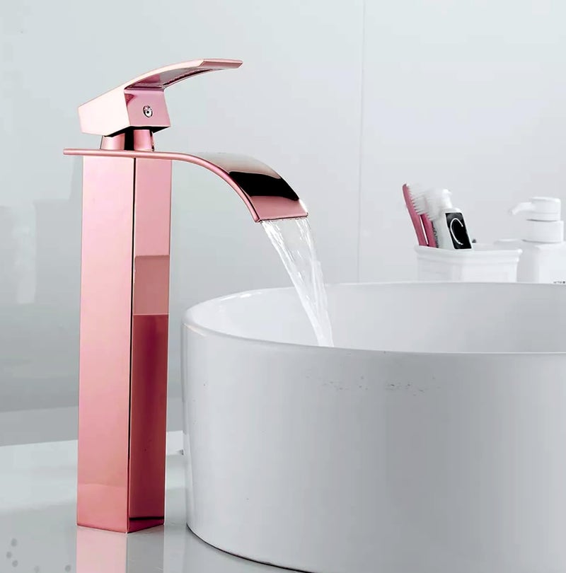 24x7 eMall Rose Gold Tall Waterfall Faucet Waterfall Single Lever Basin Mixer Midnight Waterfall Tall Black, SS Material, 12 Inches Height Rosey - Image 1