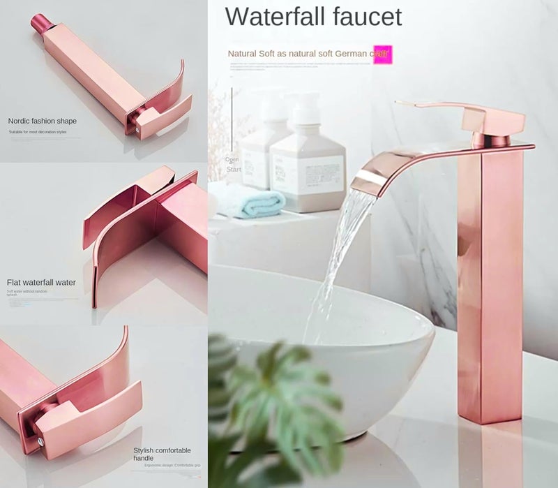24x7 eMall Rose Gold Tall Waterfall Faucet Waterfall Single Lever Basin Mixer Midnight Waterfall Tall Black, SS Material, 12 Inches Height Rosey - Image 4