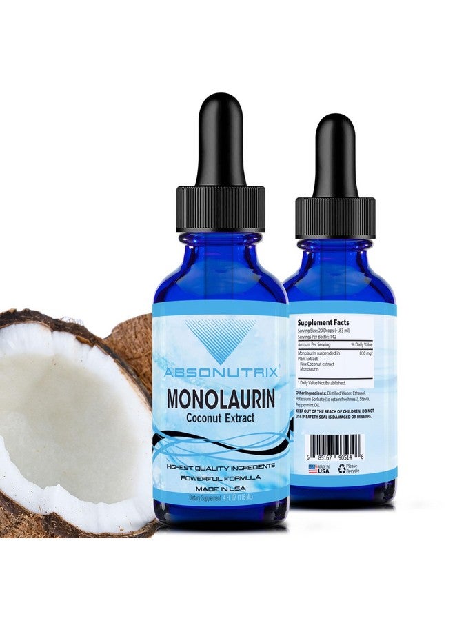 Absonutrix Monolaurin Liquid Extract - 4oz Liquid, 830 mg 142 Servings, Made in USA, Quick Absorption, Quality Potent Ingredients, Non-GMO, GMP Certified Facility, Cruelty-Free Products a - Image 1